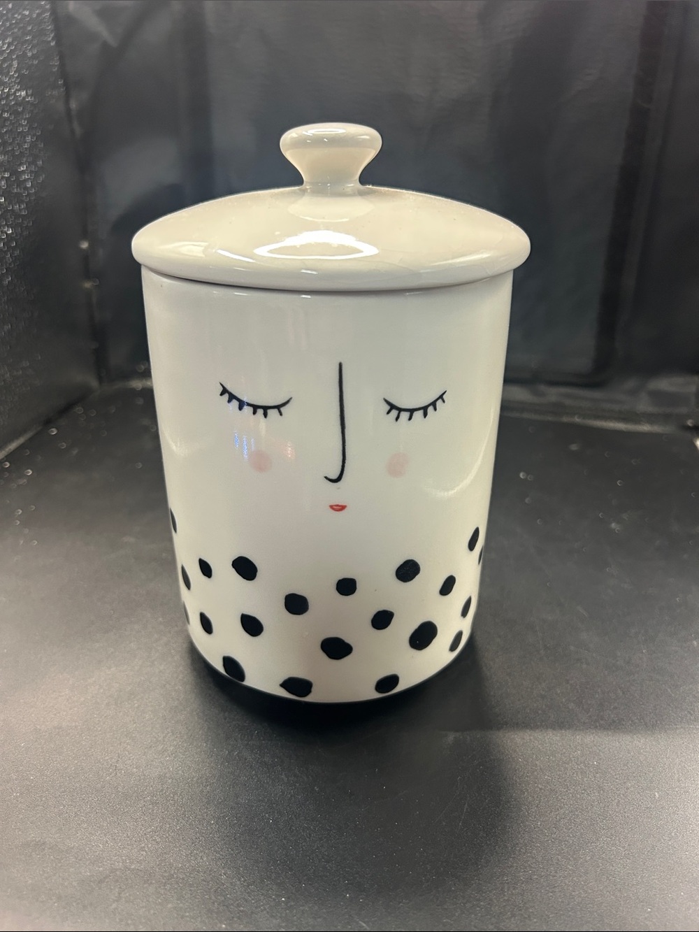 White Ceramic Face Canister with Black Dot Accent